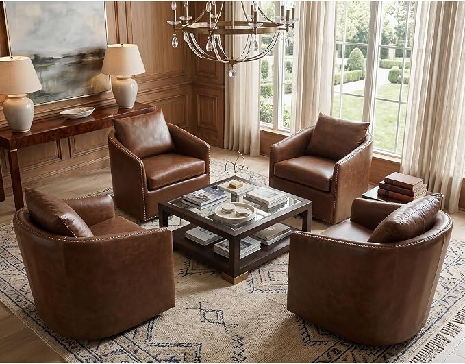 HAOMARKETS 360 Degree Swivel Accent Chair Set of 4 with Plump Back Pillow, Waterproof Oil Waxed PU Leather Armchair with Rivets, Comfy Vintage Round Barrel Chair for Living Room