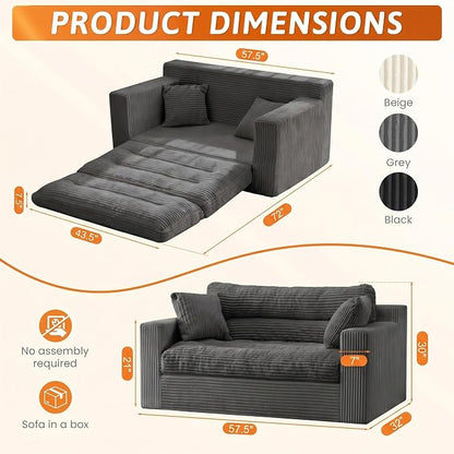 Erament Boneless Loveseat Sofa Couch, 2 in 1 Convertible Sofa Bed with Pillows, Fold Out Bean Bag Chair Boneless Floor Couch for Living Room Bedroom Office Lounge Apartment, No Assembly Needed, Grey