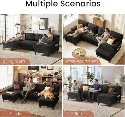 KKL U-Shaped Sectional Couch for Living Room, 112" Sectional Sofa | Modern Sofa with Double Chaise Deep Seat Couches for Living Room, Apartment, Office, Black