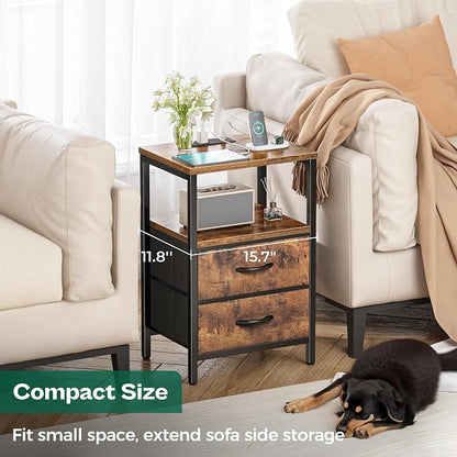 Huuger Nightstand with Charging Station, Fabric Drawers, End Table with Open Shelf, Bedside Table with USB Ports and Outlets, Night Stand for Bedroom, Rustic Brown