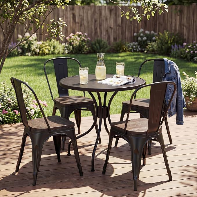 JUMMICO Metal Dining Chair Stackable Industrial Vintage Kitchen Chairs Indoor-Outdoor Bistro Cafe Side Chairs with Back and Wooden Seat Set of 4 (Black)