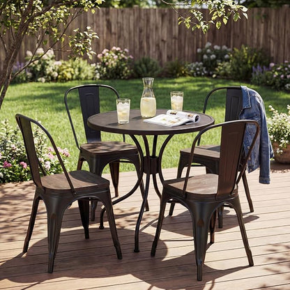 JUMMICO Metal Dining Chair Stackable Industrial Vintage Kitchen Chairs Indoor-Outdoor Bistro Cafe Side Chairs with Back and Wooden Seat Set of 4 (Black)