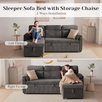 Tbfit 80'' Pull Out Sofa, 3 in 1 Sleeper Sofa Couch with USB & Storage Chaise, Cloud Sofa Bed with Pull Out Bed, Chenille Convertible Sleeper Sofas for Living Room, Small Spaces, Dark Gray