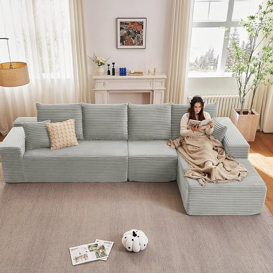 135" Cloud Sectional Couch with L-Shape Chaise, Modern Modular Comfy Sofa Chaise Longue, Upholstered Corduroy Couches Sleeper with Deep Seat for Living Room Bedroom, No Assembly Required, Grey