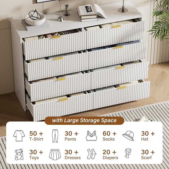 Furniway White Dresser Bedroom Set 3 Pieces, Nightstands Sets of 2, 8 Drawer Dresser with Gold Handles for Bedroom