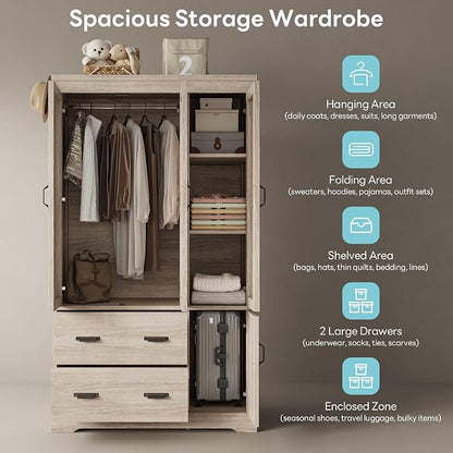LIKIMIO Wardrobe Closet, 70" Tall 4 Doors Large Wooden Closet with 2 Drawers, 3 Shelves Bedroom Armoire with Hanging Rod, Freestanding Storage Cabinet for Hanging Clothes, Light Oak