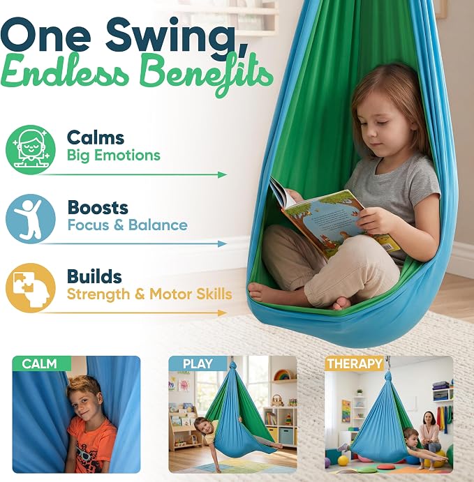 Sensory Swing for Kids Indoor Outdoor - Calming Cocoon Therapy Swing, Holds 300lbs - Hug-Like Sensory Hammock with 360° Swivel Hardware for Autism, ADHD, SPD Support