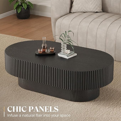 YOUDENOVA 43.7” Oval Coffee Table, Modern Wood Fluted Coffee Table for Living Room, Veneer Handcrafted Relief Center Table with Sturdy Pedestal，Easy Assembly - Black