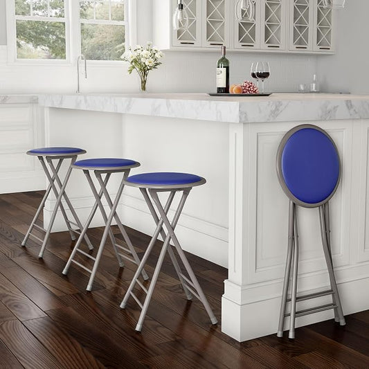 Lavish Home Folding Stool - Set of 4 Counter Height Bar Stools – 24-Inch Backless Folding Chairs with 225lb Capacity for Kitchen, Rec Room, or Game Room (Blue)