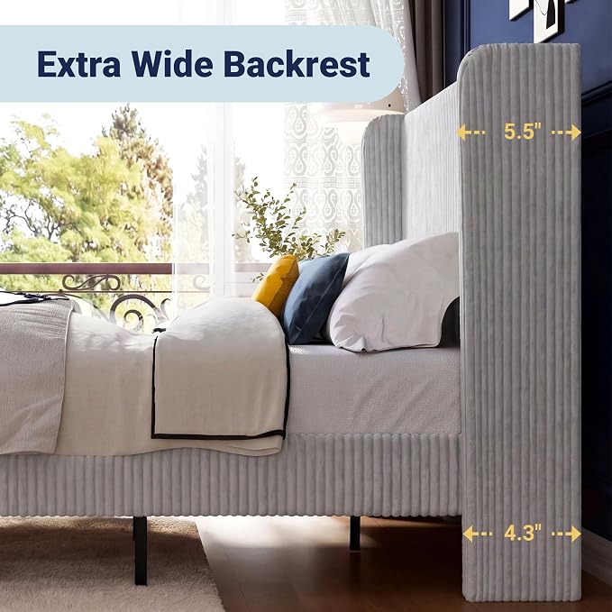 Allewie Full Size Bed Frame with Upholstered Wingback Headboard, Vertical Channel Tufted Corduroy Velvet Platform Bed, Strong Wooden Slats Support, No Box Spring Needed, Easy Assembly, Light Grey