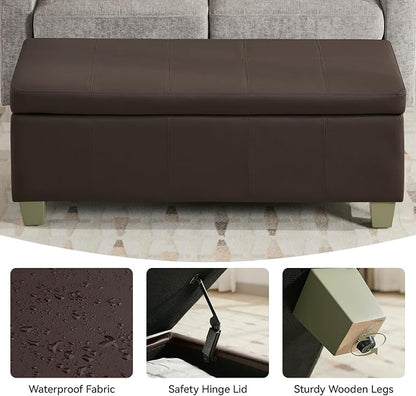 WUTUTUEE 51" Faux Leather Storage Ottoman, Stitch Tufted Rectangle Upholstered End of Bed Storage Bench, Entryway Large Couch Ottoman with Wooden Legs,Brown