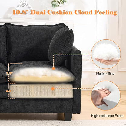 50'' Loveseat Sofa Cloud Sofa Couch, Modern Loveseats 2 Seat Couch 27" Deep Seat with 2 Pillows for Small Spaces Apartment Studio Office Bedroom Living Room, Black