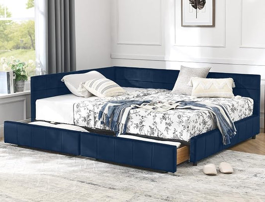 KEIKI Full Size L Shape Corner Bed Frames with 2 Storage Drawer, Backrest and Armrests, Velvet Upholstered Sofa Daybed for Small Room, Living Room, Bedroom, Guest Room, Kids' Room