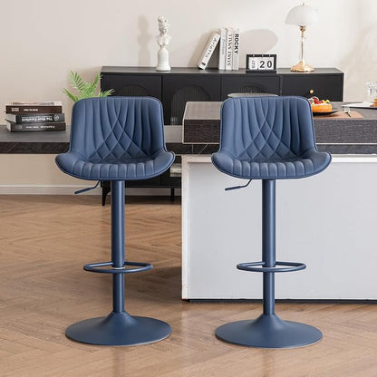 YOUTASTE Bar Stools Set of 2, Adjustable Swivel Counter Height Barstools with Back, All Navy Blue Faux Leather Upholstered Bar Chairs with Metal Base, Stools for Kitchen Island or Home Bar