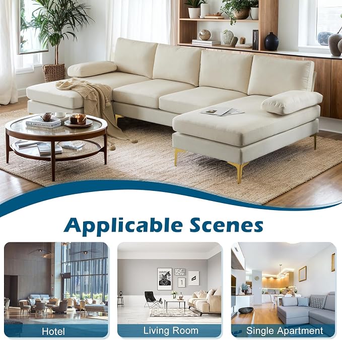 VINGLI 110" Modern Sectional Couch with 51" D Double Chaise, Beige Deep Seat U Shaped Couch with Removable Pillows & Metal Legs, Comfy 4-Seat Sofas for Living Room, Linen Fabric