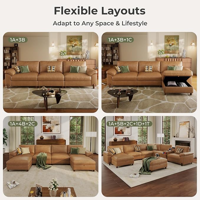 SITJOY Large Cloud Couch, 138" Wide 6 Seater U Shape, Faux Leather in Brown | Pet-Friendly Scratch-Resistant Leather Sectional Sofas for Living Room, Deep Seat Wide Couch with Chaise, Storage Ottoman