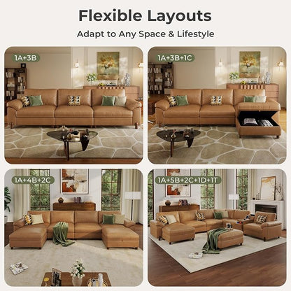 SITJOY Large Cloud Couch, 138" Wide 6 Seater V Shaped with Console, Brown | Pet-Friendly Scratch-Resistant Leather Sectional Sofas for Living Room, Deep Seat Wide Couch with Chaise, Storage Ottoman