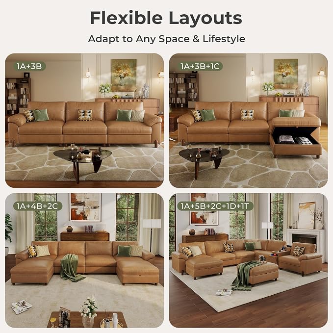 SITJOY Large Cloud Couch, 149" Wide 4 Seater U Shape, Faux Leather in Brown | Pet-Friendly Scratch-Resistant Leather Sectional Sofas for Living Room, Deep Seat Wide Couch with Chaise, Storage Ottoman