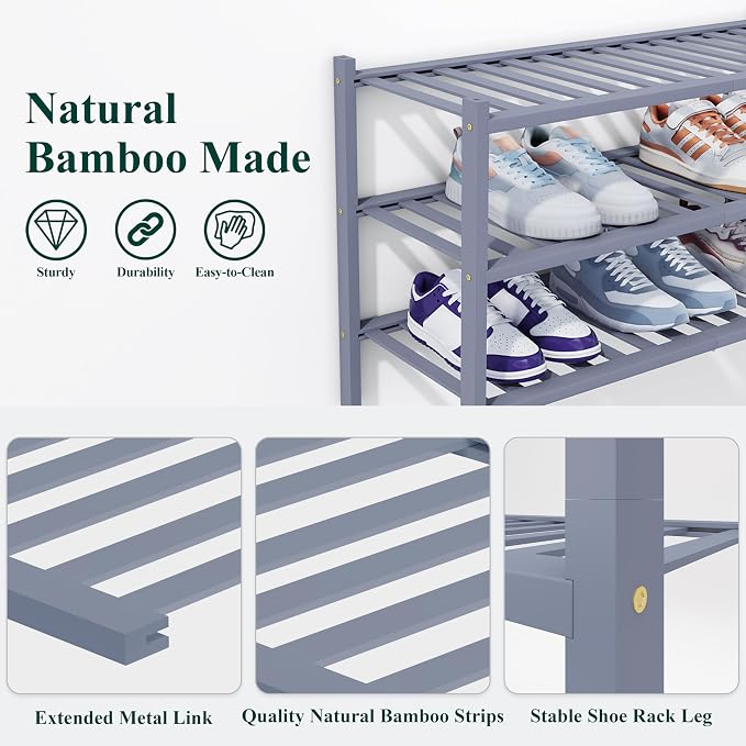 Smiry Bamboo Shoe Rack, 5 Tier Free Standing Wooden Shoe Organizer, Stackable Wood Shoe Storage Shelf for Closet, Entryway, 14 Vertical Slats, 2+2+1 Stack Heavy-Duty Legs, 26.8"x11"x32.5", Grey