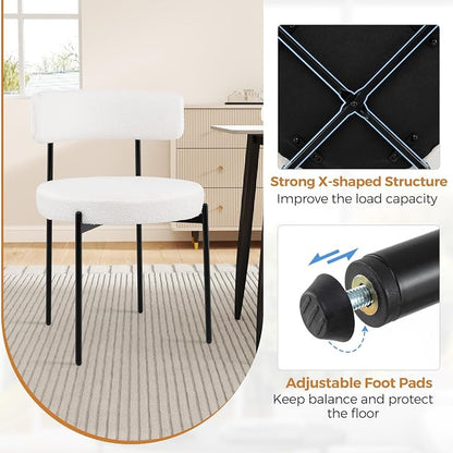 Giantex Boucle Dining Chairs Set of 2, Upholstered Round Kitchen Chair with Curved Backrest & Metal Legs, Modern Armless Side Chair, White Sherpa Accent Chairs for Dining Room