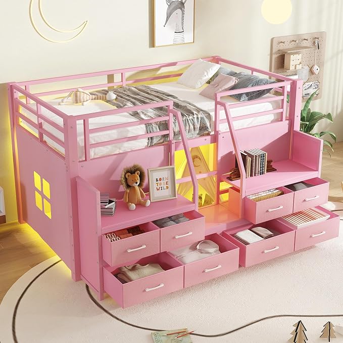 Bellemave Twin Size Low Loft Bed with 8 Fabric Storage Drawers,Metal Loft Bed Frame with Shelves and LED Lights for Boys Girls,Kids Loft Bed Twin Size,Pink