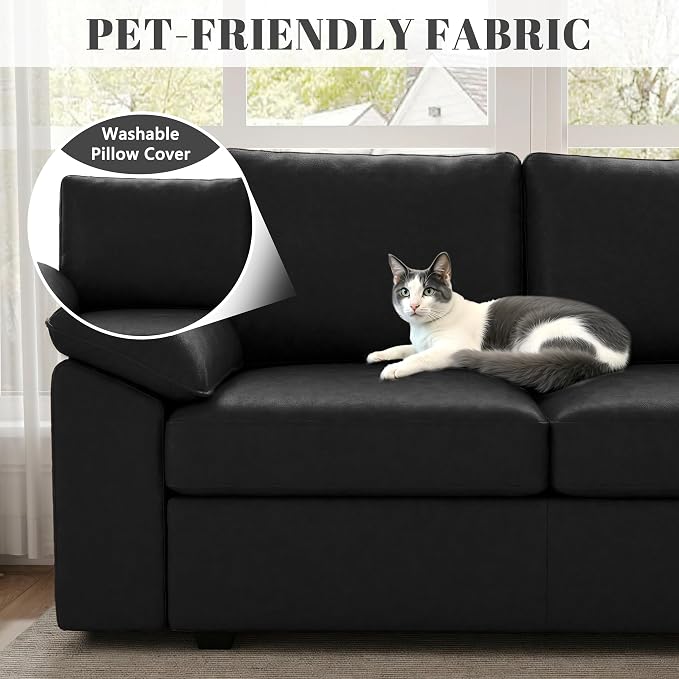 85 Inch Faux Leather Modular Sectional Sofa with Pull Out Bed, L Shaped 5 Seat Sectional Sleeper Sofa with Storage, Sectional Couches for Living Room, Cloud Modular Couch,Black Leather