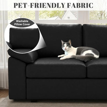 85 Inch Faux Leather Modular Sectional Sofa with Pull Out Bed, L Shaped 5 Seat Sectional Sleeper Sofa with Storage, Sectional Couches for Living Room, Cloud Modular Couch,Black Leather