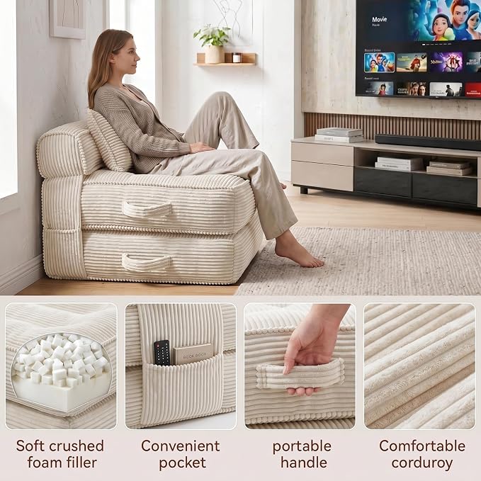 Folding Sofa Bed, Convertible Sleeper Chair with Pillow Foldable Mattress with Back Support, Portable Fold Out Chair Bed Comfy Floor Couch Lounge for Living Room Bedroom Apartment Single