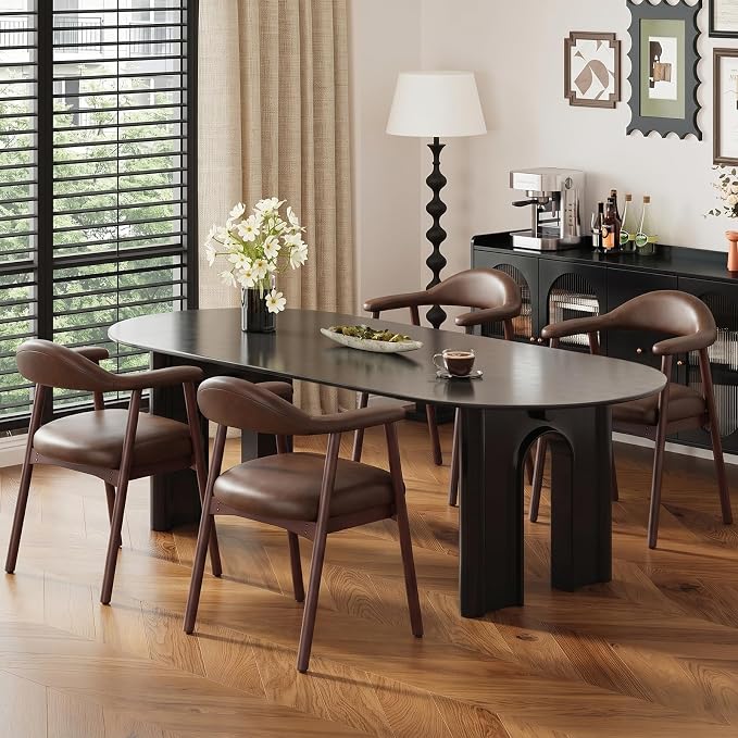 MALOL Leather Dining Chair with Armrest Set of 4, Upholstered Dining Room Chair with Curved Back and Wood Legs, Mid Century Modern Kitchen Chairs for Kitchen Dining Room,Dark Brown
