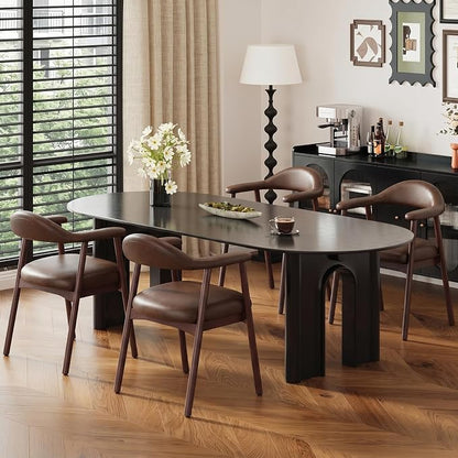 MALOL Leather Dining Chair with Armrest Set of 4, Upholstered Dining Room Chair with Curved Back and Wood Legs, Mid Century Modern Kitchen Chairs for Kitchen Dining Room,Dark Brown