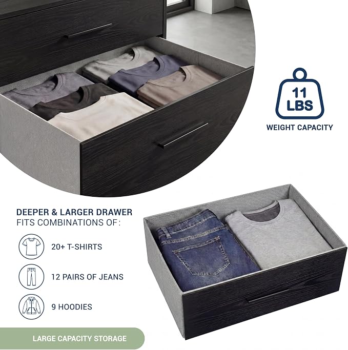5-Drawer Dresser with Extra Large Fabric Drawers, Wood Frame Dresser with 5 Drawers for Bedroom or Living Room Storage, Hallway, Fabric Bins for Closet or Hallway Storage Organizer, Toy Chest, Black | 5-drawer dresser, fabric storage drawers, sturdy wo...