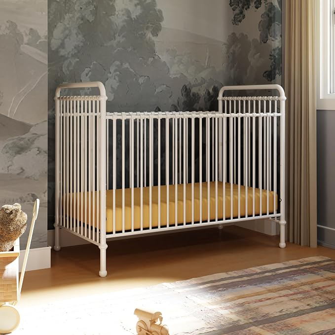 Namesake Abigail 3-in-1 Convertible Metal Crib in Washed White, Greenguard Gold Certified | GREENGUARD Gold Certified, Converts to Toddler Bed & Daybed, 4 Adjustable Mattress Heights, Conversion Kits Sold Separately