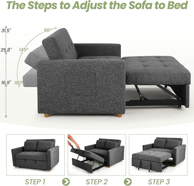 SEJOV Sleeper Sofa, 3-in-1 Convertible Pull Out Couch Bed Futon Sofa, Linen Fabric Loveseat with 2 Pillows and Adjustable Backrest, Chaise Lounge for Small Spaces Apartment Dorm, Office, Black