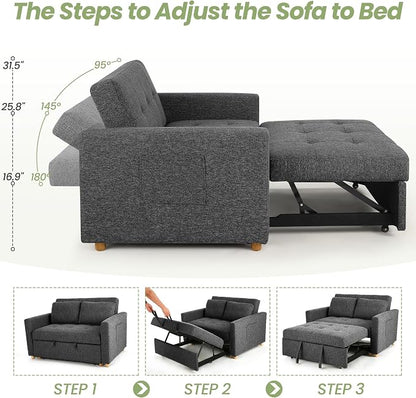 SEJOV Sleeper Sofa, 3-in-1 Convertible Pull Out Couch Bed Futon Sofa, Linen Fabric Loveseat with 2 Pillows and Adjustable Backrest, Chaise Lounge for Small Spaces Apartment Dorm, Office, Black