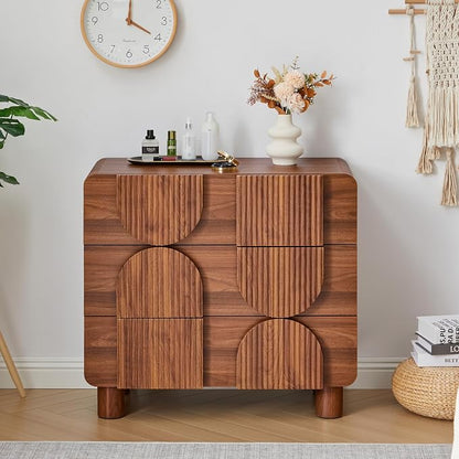 Janmer Home 3 Drawer Dresser, Modern Fluted Wood Chest of Drawers, 31.5" Wide Walnut Nightstand with Anti-Tip Device, Curved Storage Cabinet for Bedroom, Living Room, Entryway