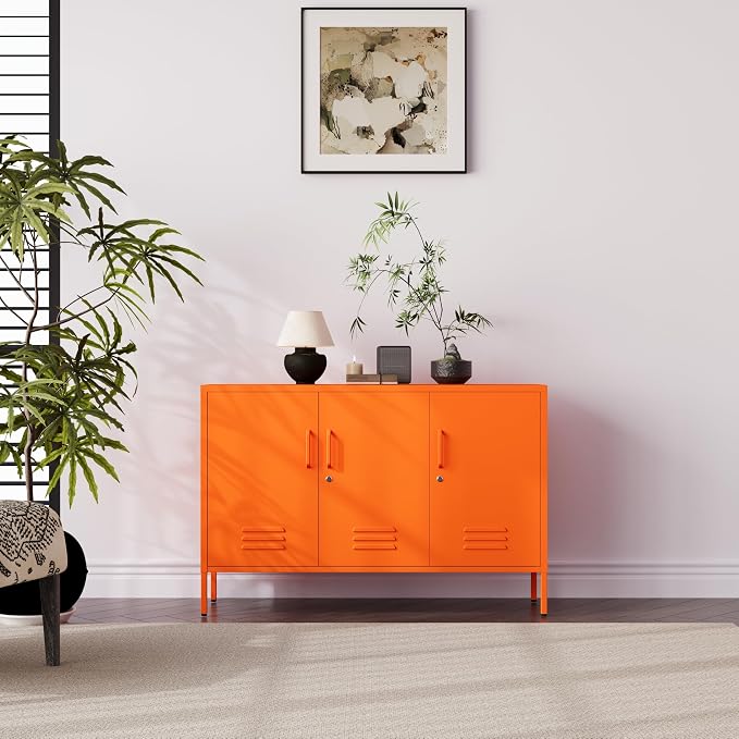 32" Wide 3-Door Lockable Metal Storage Cabinet with Accent Cabinet Locker, Heavy Duty Home Tool Cabinet, 2 Removable Shelves & Easy Assembly, for Home, Office, Entryway and Hallway Orange