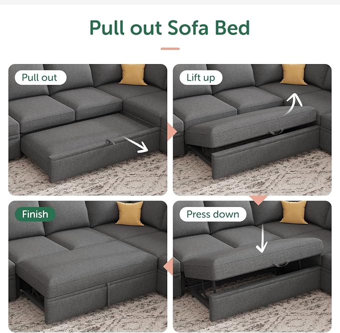 HONBAY Modular Sectional Sleeper Sofa Bed, with Pull Out Bed, Linen Convertible Sectional Couches for Living Room - Dark Grey