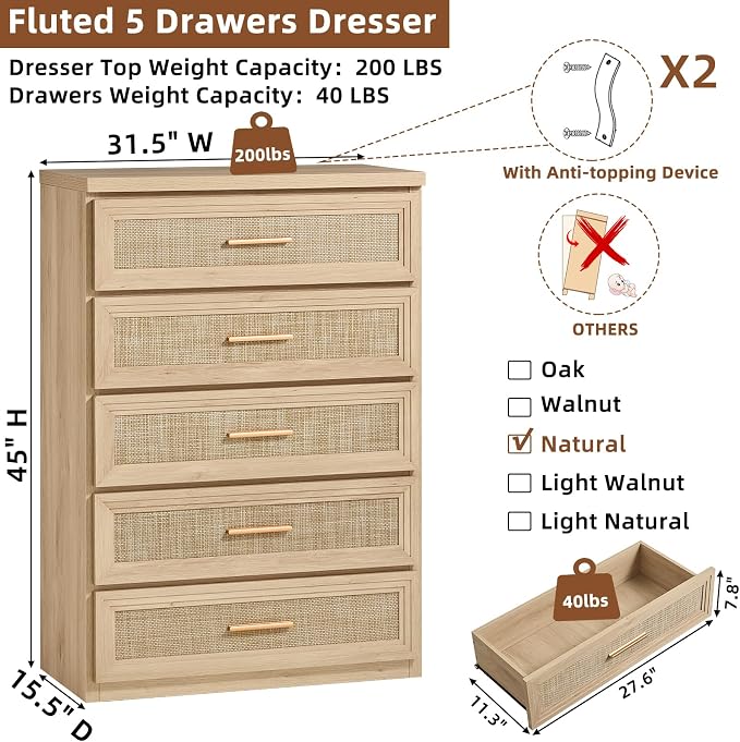 RWYHG Rattan Dresser for Bedroom with 5 Drawers 45" Tall Wood Closet Organizer with Metal Handle Furniture for Living Room Hallway Natural