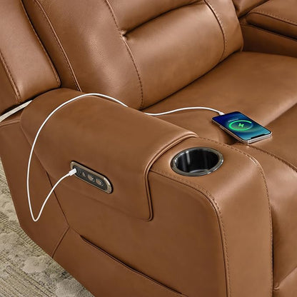 Watson & Whitely Genuine Leather Power Loveseat and Recliner Sofa Set, Lay Flat Reclining Couch with Console, Power Headrest, USB & Wireless Charging, Cup Holders for Living Room, Saddle Brown