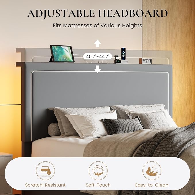 SHA CERLIN Queen Size Hydraulic Lift-Up Storage Platform Bed Frame with Charging Station, RGB LED Lights, Adjustable Velvet Headboard, USB-A and USB-C Ports, No Box Spring Needed, Grey