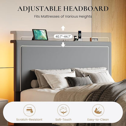 SHA CERLIN Full Size Hydraulic Lift-Up Storage Platform Bed Frame with Charging Station, RGB LED Lights, Adjustable Velvet Headboard, USB-A and USB-C Ports, No Box Spring Needed, Grey