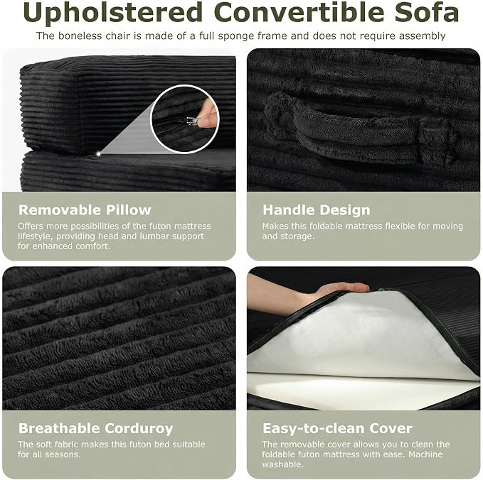 5-in-1 Convertible Sofa Bed, Boneless Couch Loveseat with Removable Cushions & Washable Cover, Futon Sofa Bed with Handle, Pull Out Couch for Small Spaces, Full Size, Black
