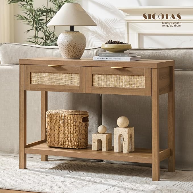 SICOTAS Console Table with Rattan Drawers - Boho Rattan Entryway Table with Storage, Small Console Tables for Entryway, Entry Tables for Hallway