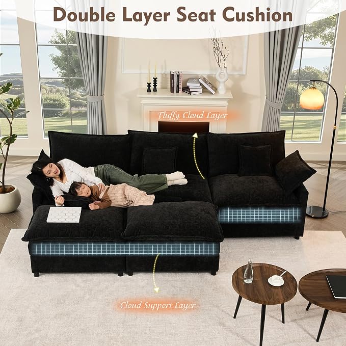 GOSUHI 108" U-Shaped Modular Cloud Couch, Deep Seat, Chenille Black | Cloud Comfort, Couches for Living Room, Removable & Machine-Washable Covers, Movable Ottoman, Modular Sectional Sofa