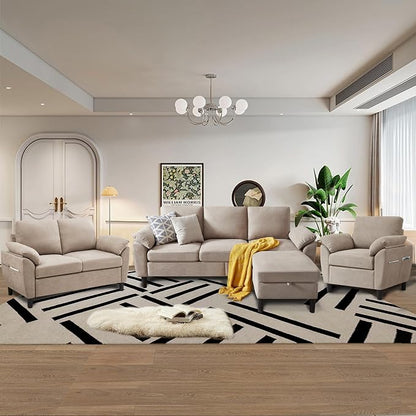 4 Piece Convertible Sectional Sofa Set, Modern Linen Small L Shaped Couch with Reversible Chaise, 3-Seater Sofa & Loveseat & Armchair for Living Room, Office, Apartment, Beige