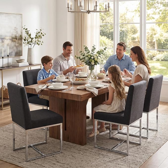 CIMOTA Black Modern Dining Chairs Set of 8, Upholstered Dining Room Chairs Armless Guest Side Chair with Chrome Base for Dining Room/Kitchen, Charcoal Black, 8PCS
