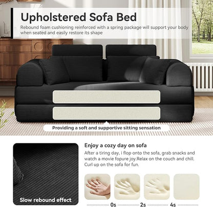 Upgrade High Backrest Design Sofa Bed with Fixed-Shape Frame & Removable Armrests and Backrest, Corduroy Fabric, Convertible Mattress Couch for Small Spaces - No Assembly Needed (Black)