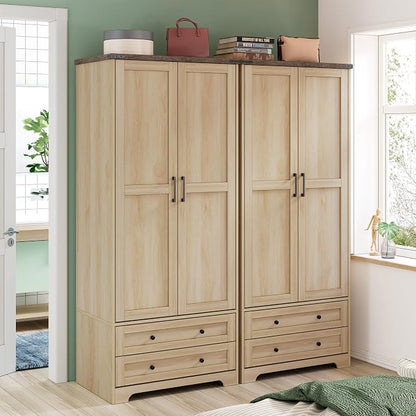Yechen 71" Wooden Armoire Wardrobe Closet Set of 2- Modern Functional Clothes Tall Storage Cabinet with Adjustable Shelf and Hanging Rail, Sturdy Freestanding Closet with 2 Wide Drawers (Natural)