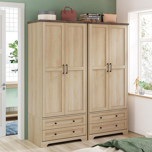 Yechen 71" Wooden Armoire Wardrobe Closet Set of 2- Modern Functional Clothes Tall Storage Cabinet with Adjustable Shelf and Hanging Rail, Sturdy Freestanding Closet with 2 Wide Drawers (Natural)
