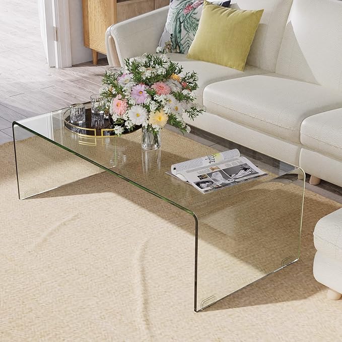Tangkula Glass Coffee Table, 40"L × 19.5"W ×13.5" H, Modern Home Furniture, 0.5" Clear Tempered Glass End Table, International Occasion Tea Table, Waterfall Table with Rounded Edges (Clear)